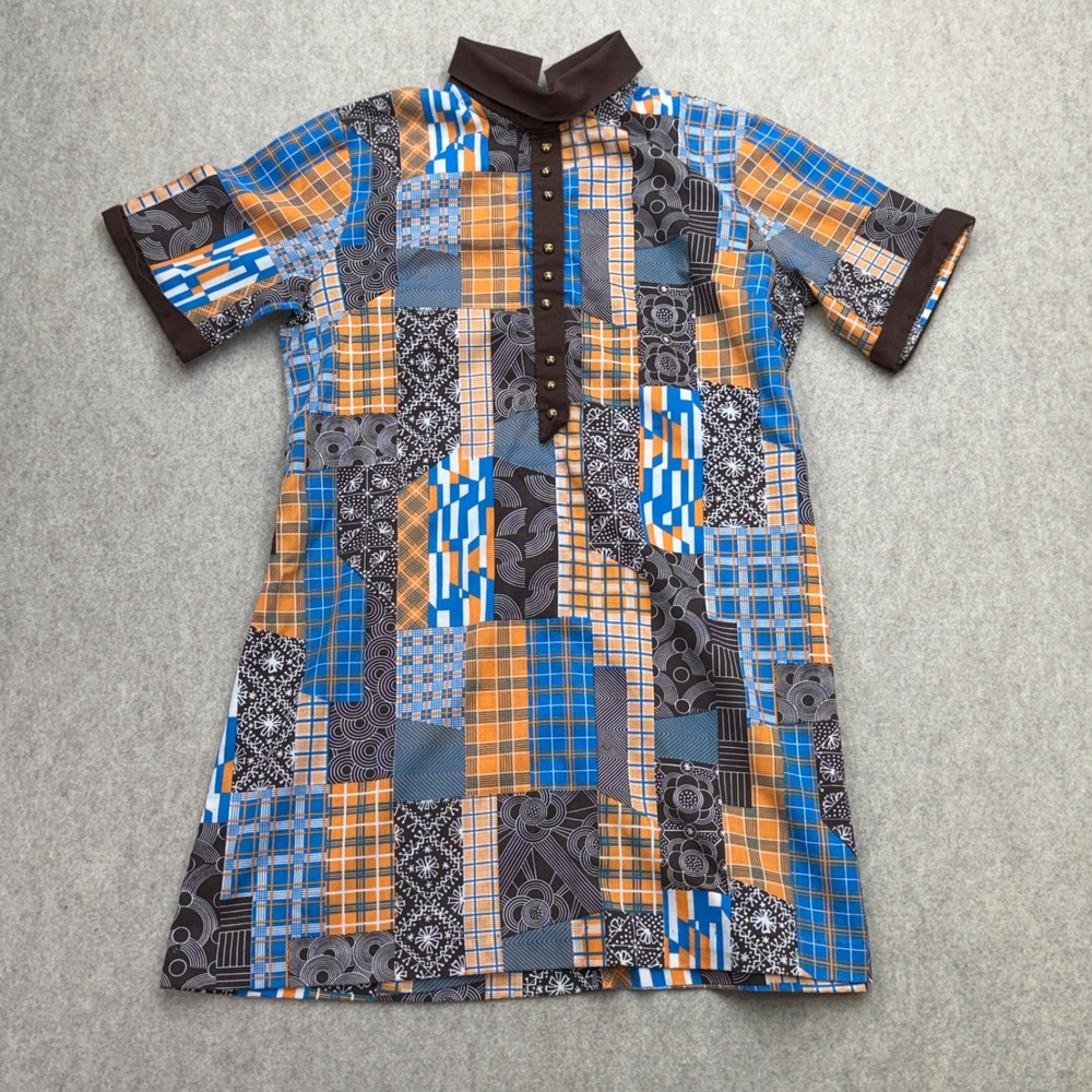 Vtg Montgomery Ward Dress Womens M Patchwork Brown Retro Mod 70s Whimsy Hippie